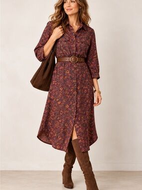 Next Floral Shirt Dress Womens US 8 UK 12 Burgundy Boho Midi 3/4 Sleeve Pockets